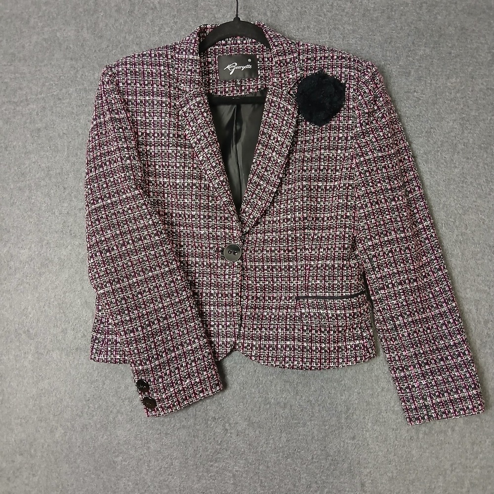 Miss Georgette Plaid Blazer Pink Black White Sz 11/32 Lined rosette detachable